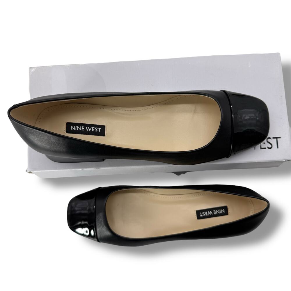 Nine West Black Leather Cap-Toe Low Block Heel Flats - Picture 4 of 11